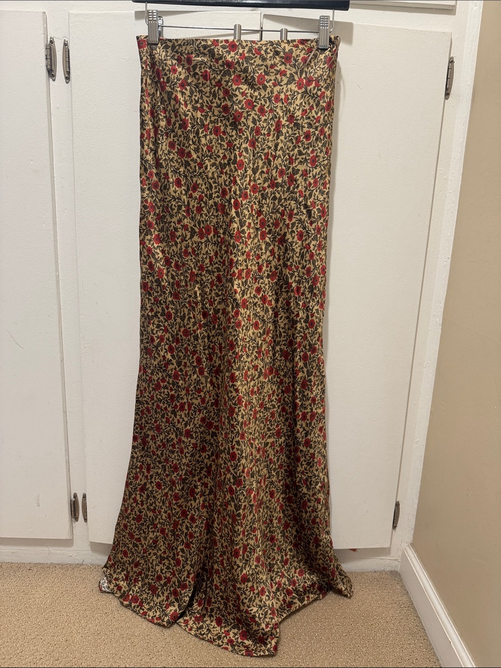 Realisation Par Gold Satin Maxi Skirt with Red Floral Print